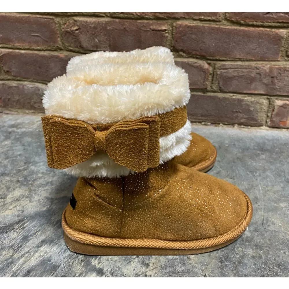 Kenzie Girl Tan w/Glitter Faux Fur Faux Suede Slip-On Bootie Size 1